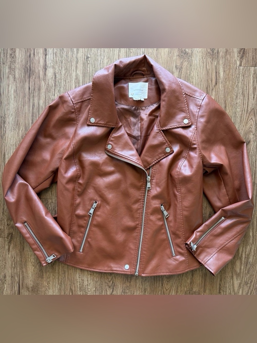 By Anthropologie Rich Cognac Brown Faux Leather Moto Jacket - Plus Size 2X - Picture 5 of 12